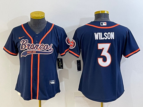 Youth Denver Broncos #3 Russell Wilson Navy With Patch Cool Base Stitched Baseball Jersey